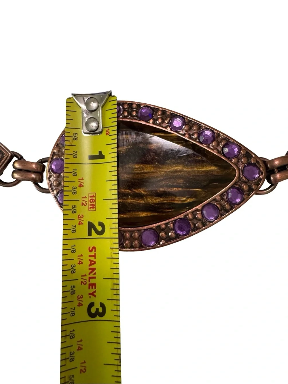 Chico’s Tiger Eye Purple Rhinestone Copper Tone Chain Belt